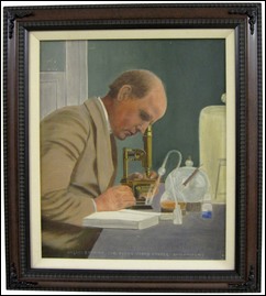 Portrait in oil of Jakob Vimpel in his laboratory at the Carlsberg Breweries. Danish, first quarter of the 20th century.