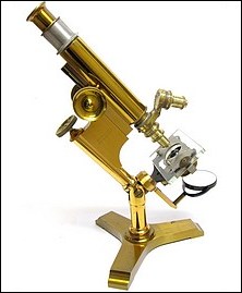 Bausch & Lomb Optical Co., Serial No. 7516. Pat. Oct. 3, 1876 and Oct 13, 1885. An uncommon variant of the Physician's Model microscope with a tripod base, c. 1889