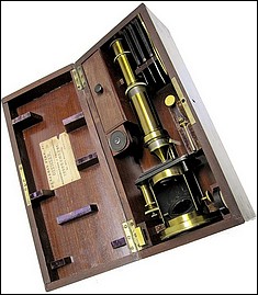French Drum Microscope with stage fine focus (Nachet type). Imported and sold by Benjamin Pike Jr., New York, c. 1849