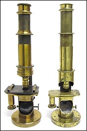 Drum microscopes. left: Schiek in Berlin, No. 965, c. 1859.  The microscope of Professor Wilhelm Heinrich von Wittich (1821-1884). Right: Schiek in Berlin, No. 137, c.1842. The microscope of Thomas Lovell Beddoes (1803-1849)