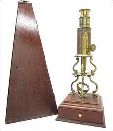 Culpeper type microscope with rack focusing c. 1800. Unsigned, but possibly sold by P. & J. Dollond, London