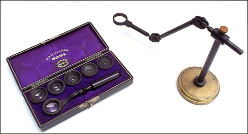 C.A. Steinheil Sohne, Muenchen. Set of aplanatic loupes with handle and loupe stand.
