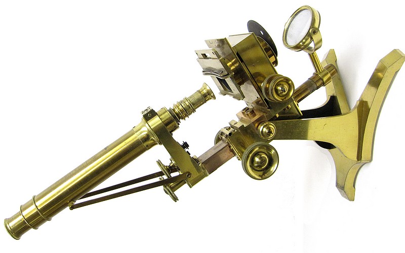 Signed on the base Ross, London No. 88 and on the stage Powell & Lealand, London. Early bar-limb microscope, c. 1843