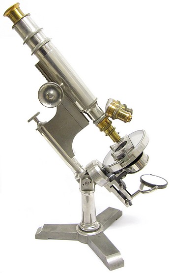 Bausch & Lomb Optical Co., Pat. Oct. 3, 1876, Serial number 3340, The Universal model microscope with nickel plated surface finish, c. 1885