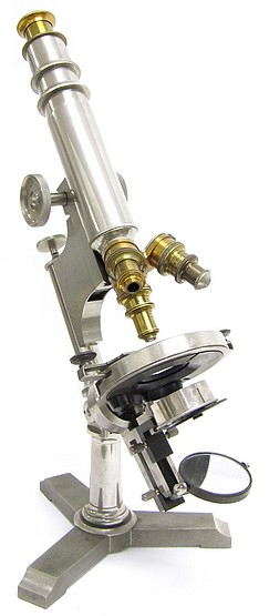 Bausch & Lomb Optical Co., Pat. Oct. 3, 1876, Serial number 3340, The Universal model microscope with nickel plated surface finish, c. 1885