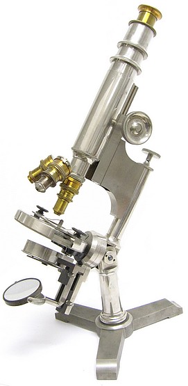 Bausch & Lomb Optical Co. The Universal model microscope with a nickel plated surface finish, c. 1885