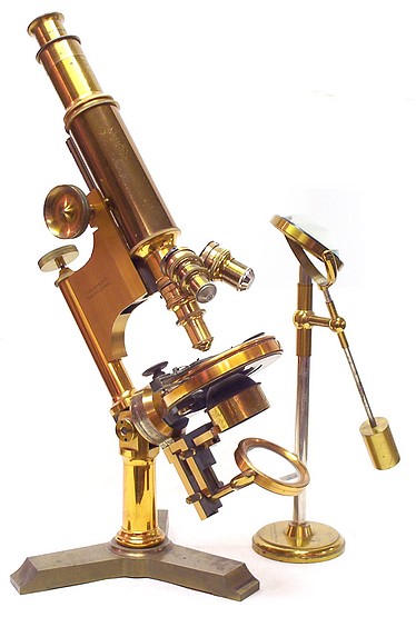 Bausch & Lomb Optical Co. Serial 6454, c. 1889. Pat. Oct. 3, 1876 and Oct 13, 1885. The Universal model monocular microscope