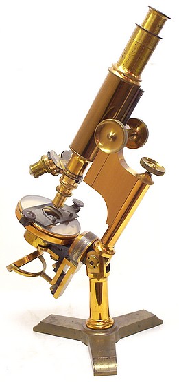 Bausch & Lomb Optical Co. Serial 6454, c. 1889. Pat. Oct. 3, 1876 and Oct 13, 1885. The Universal model monocular microscope
