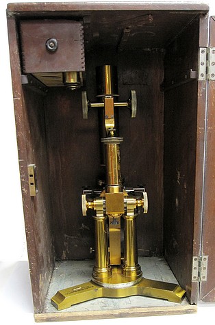 Bausch & Lomb Optical Co., Rochester and New york City, #16221. The final version of the Professional Model microscope, c. 1894. In storage case