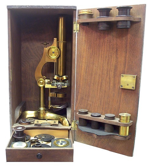 Bausch & Lomb Optical Co., Rochester NY, Serial No. 76, Pat. Oct. 3, 1876. The Professional model microscope, c. 1876. Stored it its wood case.
