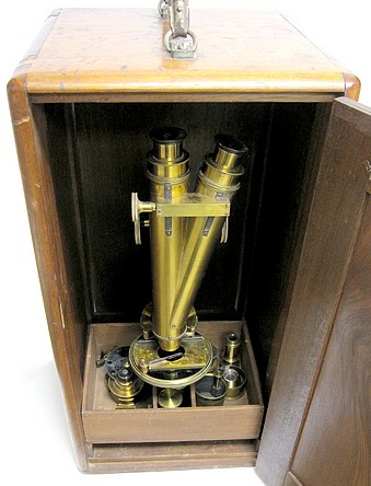 R.& J.Beck, London and Philadelphia, #10679, The "Improved National" Binocular Model Microscope c. 1882. In storage case
