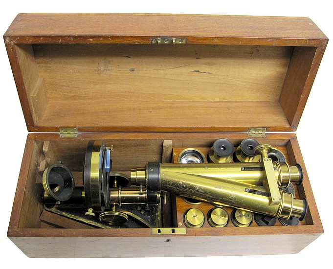 R. & J. Beck, London, # 6283. The Popular Model Binocular Microscope. c. 1872. In case