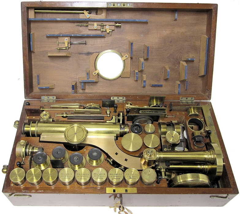 R. & J. Beck, 31 Cornhill, London, #6251. The Large Best Portable Binocular Microscope, c.1872. In storage case