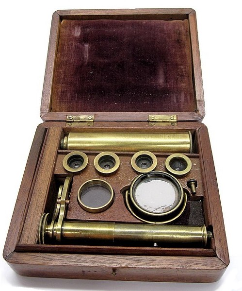 Case-mounted microscope with fine adjustment, English, c. 1845