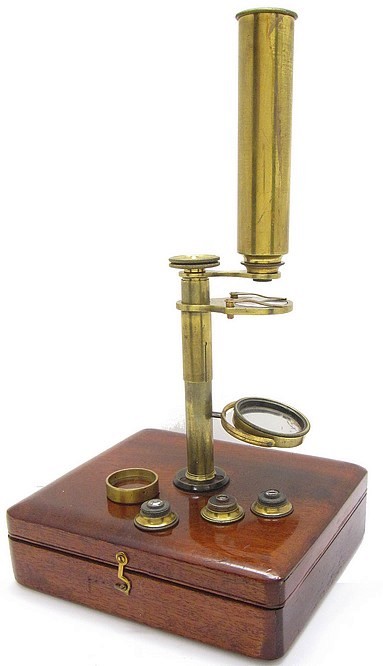 Case-mounted microscope with fine adjustment, English, c. 1845