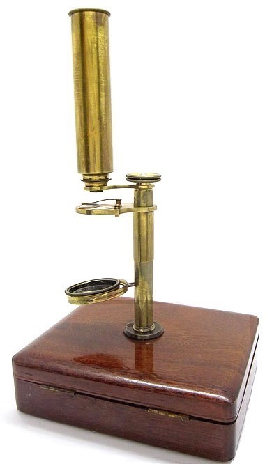 Case-mounted microscope with fine adjustment, English, c. 1845