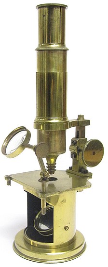 French Drum Microscope with rack and pinion focusing, c.1850. The microscope of the Scottish naturalist, geologist, and archaeologist George Tate (1805-1871)