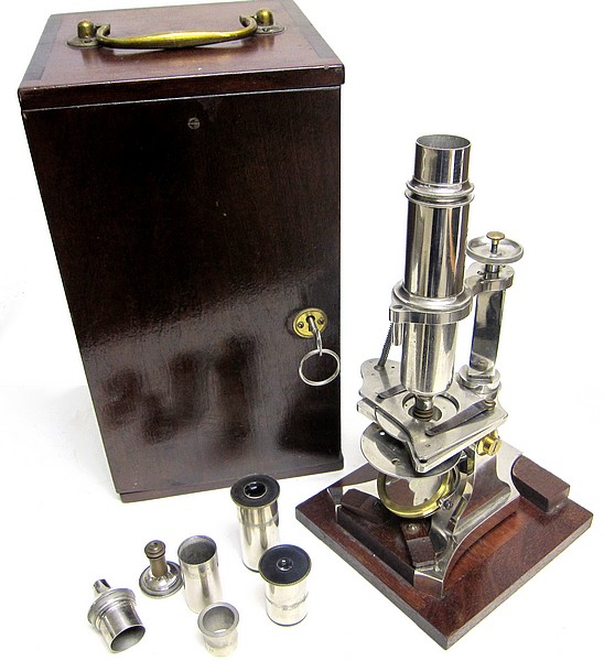 French microscope with lever controlled stage. Nickel plated