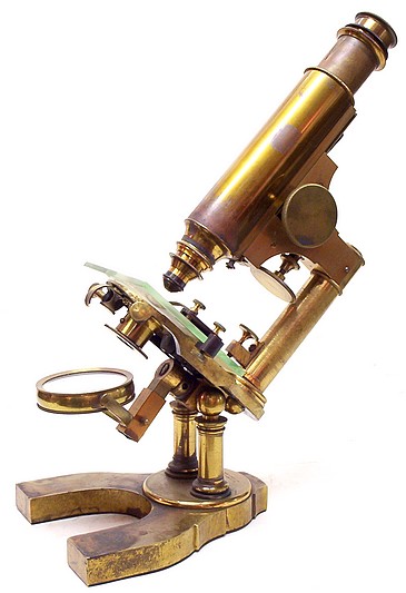 Signed: Geo. Wale, Patent June 6, 1876. Monocular microscope with fusee chain focusing