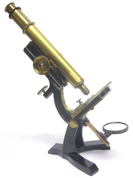 J. & W. Grunow, New York, #558. Monocular microscope with novel focusing adjustments, c. 1872