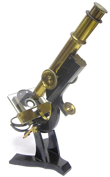 J. & W. Grunow, New York, #558. Monocular microscope with novel focusing adjustments, c. 1872