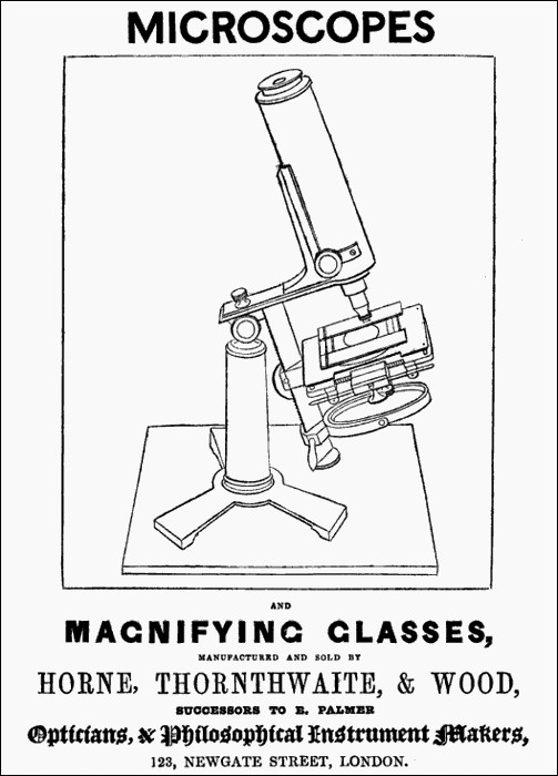 An advertisement by Horne, Thornthwaite  & Wood from 1846 showing a microscope with a similar design