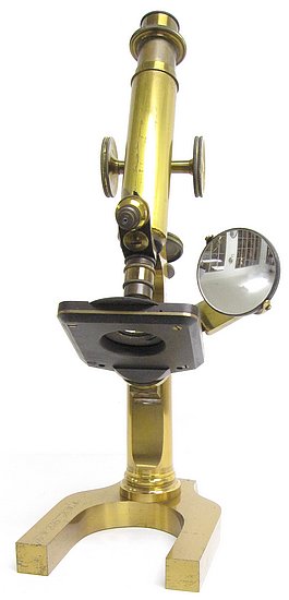 Signed on the back of the base: L. Schrauer, Maker, New York and on one leg of the base: W. M. Keene, B. Sc. M. D. Continental style monocular microscope, c.1890
