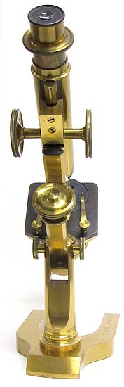 Signed on the back of the base: L. Schrauer, Maker, New York and on one leg of the base: W. M. Keene, B. Sc. M. D. Continental style monocular microscope, c.1890