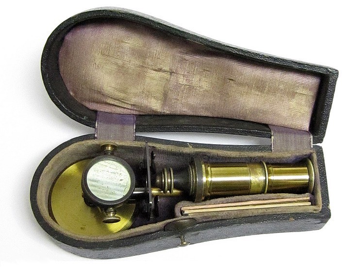 Miniature French Pocket Microscope in a Coffin-shaped Case, c. 1870