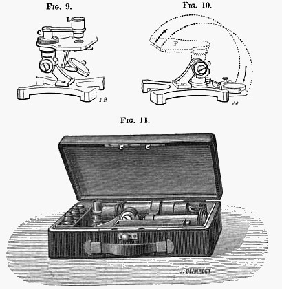 Portable travelling microscope: Nachet, 17 rue St. Severin, Paris. c. 1880. Leather covered case.