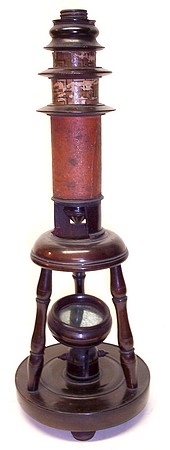 Nuremberg toy Culpeper style microscope. c. 1800 signed IM. Made of wood and decorated cardboard