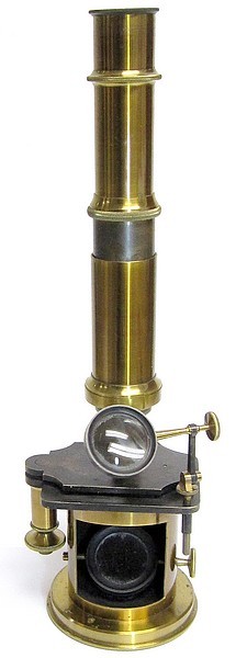 French Drum Microscope with stage fine focus (earlier Nachet type). Imported and sold by Benjamin Pike Jr., New York, c. 1849