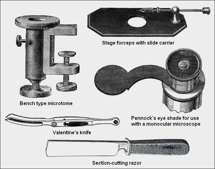 microscope specimen preparation tools. Sold by James W. Queen & Co., Philadelphia, c.1885.