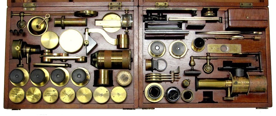 R. & J. Beck, 31 Cornhill, London, #5703. The Large Best No. 1 model binocular microscope. c.1871. Two cases of accessories