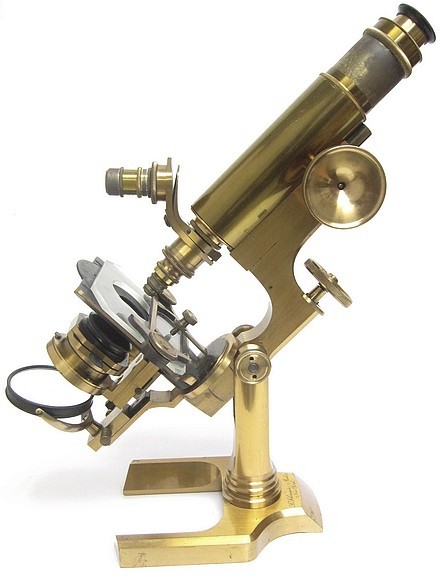 L. Schrauer, Maker, New York. Large microscope with mirror mounted on a swinging arm, c. 1885