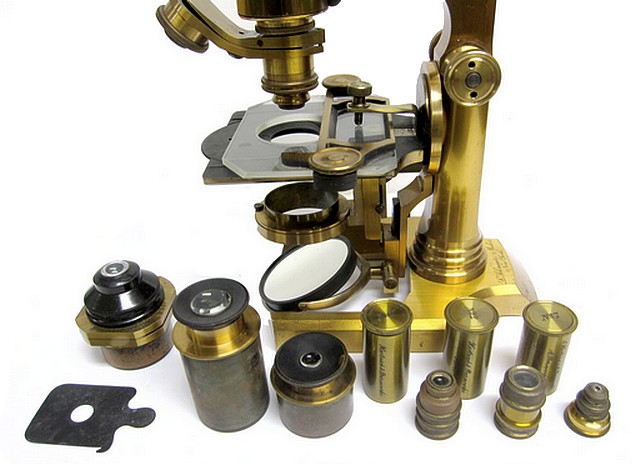 L. Schrauer, Maker, New York. Large continental style microscope, c. 1880. Accessories