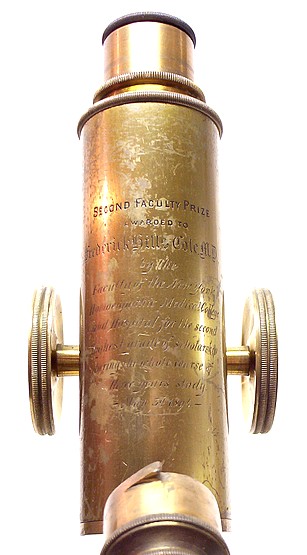 L. Schrauer, Maker, New York. Prize Microscope Awarded to Frederick Hills Cole, M.D., 1894. Engraved tube