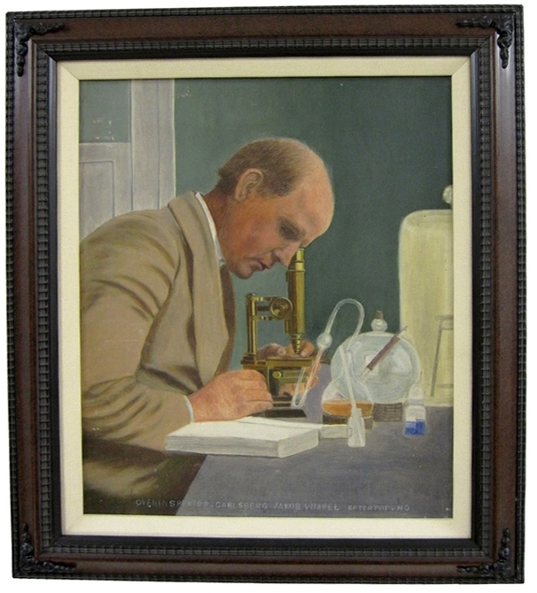 Portrait in oil of Jakob Vimpel in his laboratory at the Carlsberg Breweries. Danish, first quarter of the 20th century.