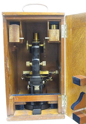 Carl Zeiss, Jena No. 51081. The Model IIIE microscope with large mechanical stage, c. 1910. Stored in the case.