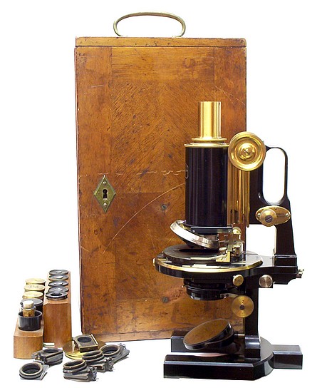 Carl Zeiss, Jena No. 47238. Jug-handle microscope with case and accessories.