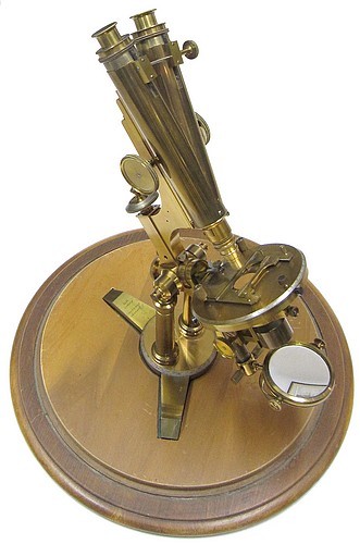 J. Zentmayer, Philadelphia, Patented 1876, No. 2504. The American Centennial binocular model microscope, c. 1885. Shown on the wood display stand.