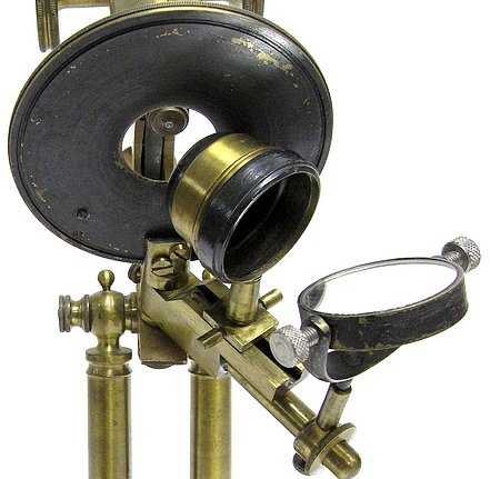American made microscope on a double pillar and rotating base. Most likely made by an amateur, c. 1885