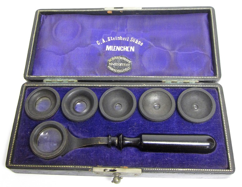 c.a. steinheil sohne, muenchen. set of aplanatic loupes with handle and loupe stand