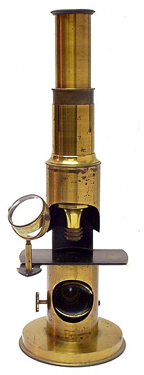 French Drum Microscope, c. 1865. Trade label of James Foster Jr.