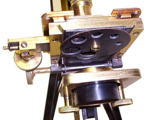 W. Ladd Beak St. Regent St. W., c. 1865. Monocular microscope with chain drive focusing. Ladd's Student's Microscope. Sub-stage