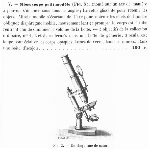 Nachet small model microscope, c. 1853. has the ability to tilt at all angles; sliding bar for objects. Movable mirror moving away from the axis to obtain the effects of oblique light; mobile diaphragm, slow and rapid movement; the body is a reentrant tube to reduce the volume of the box. ordinary, objectives 1, 3 and 5, enclosed in a sheathing box; magnifying glass to illuminate the opaque bodies, a mahogany box