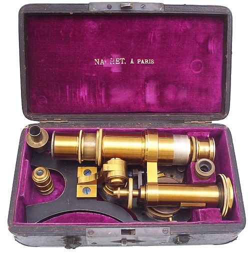 Portable travelling microscope: Nachet, 17 rue St. Severin, Paris. c. 1880. Leather covered case.