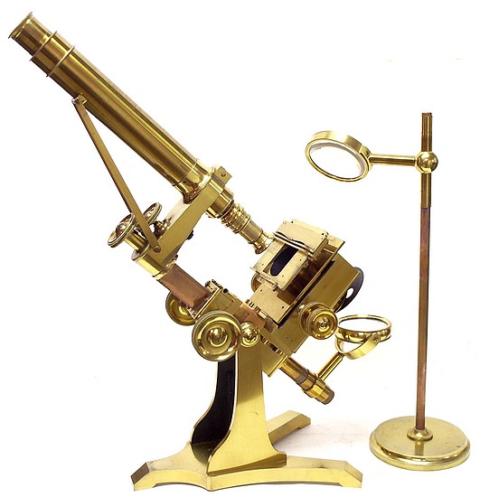 Signed on the base Ross, London No. 88 and on the stage Powell & Lealand, London. Early bar-limb microscope, c. 1843