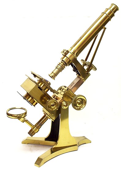 Signed on the base Ross, London No. 88 and on the stage Powell & Lealand, London. Early bar-limb microscope, c. 1843