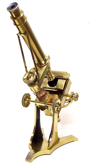 Signed on the base Ross, London No. 88 and on the stage Powell & Lealand, London. Early bar-limb microscope, c. 1843